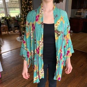 Anthropologie teal floral kimono